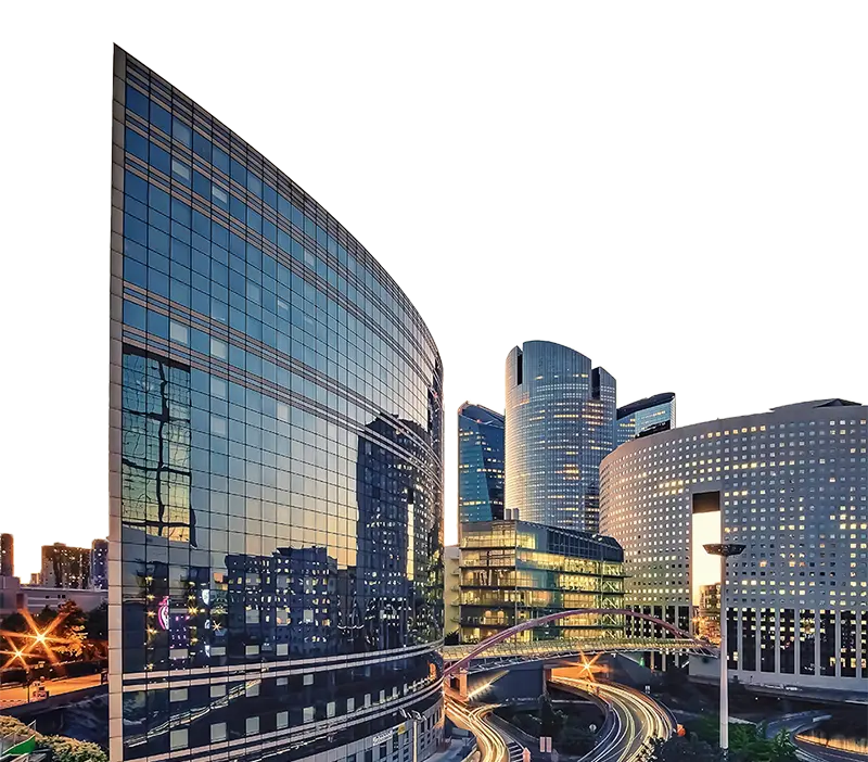 corporate-building-cutout Tall corporate building reflecting the surrounding cityscape
